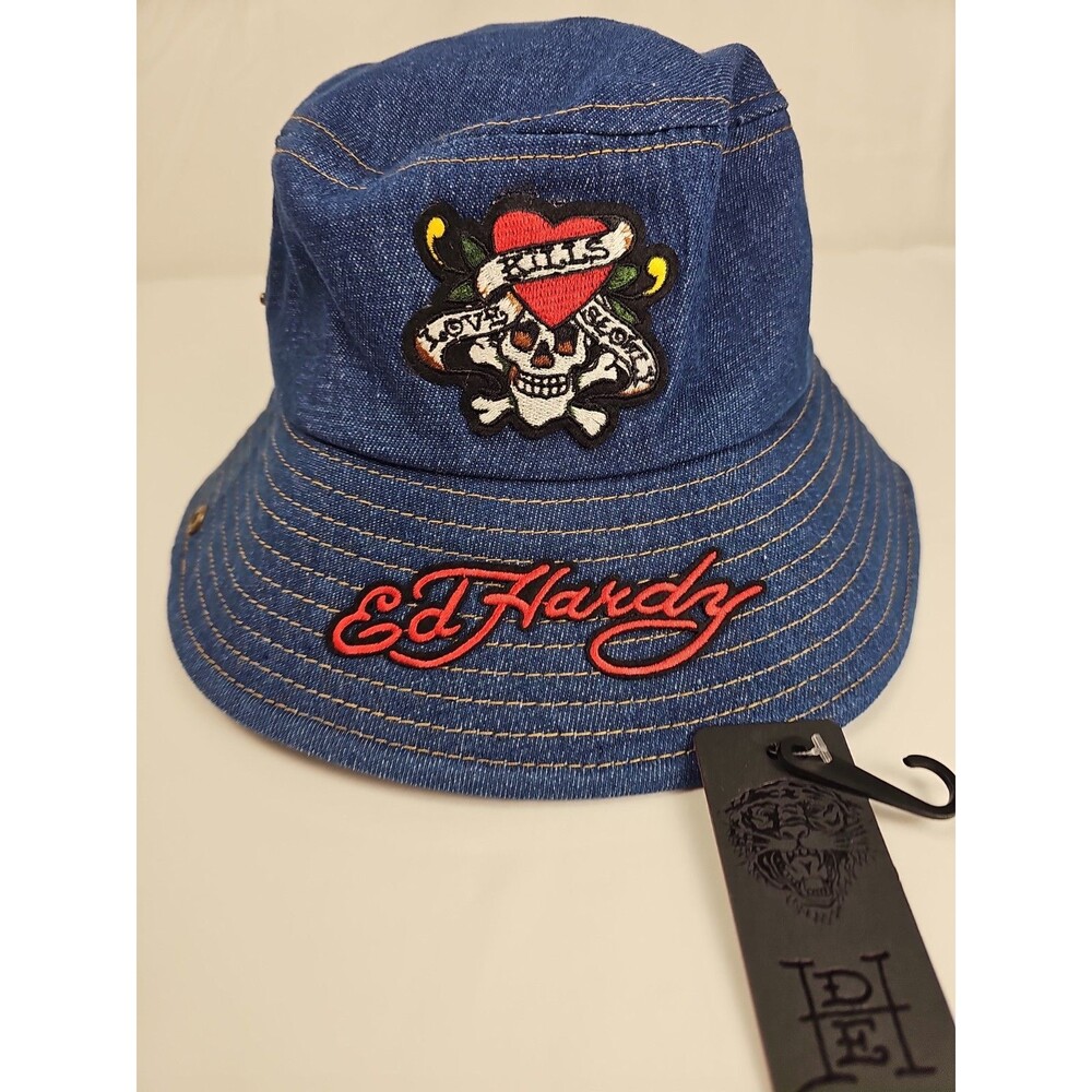 NWT Ed Hardy Denim Bucket Hat Skull Heart Love Kills Adult One Size
